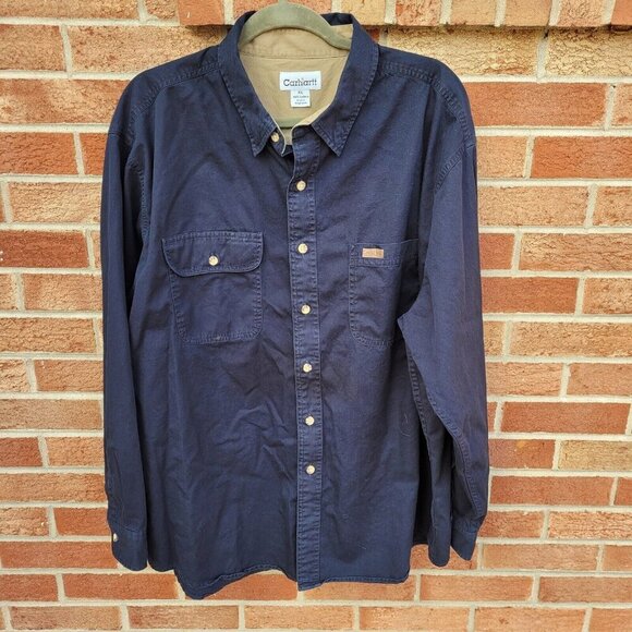 Carhartt Button Down Shirt Men's Size XL 100% Cotton Navy Blue - Picture 1 of 7